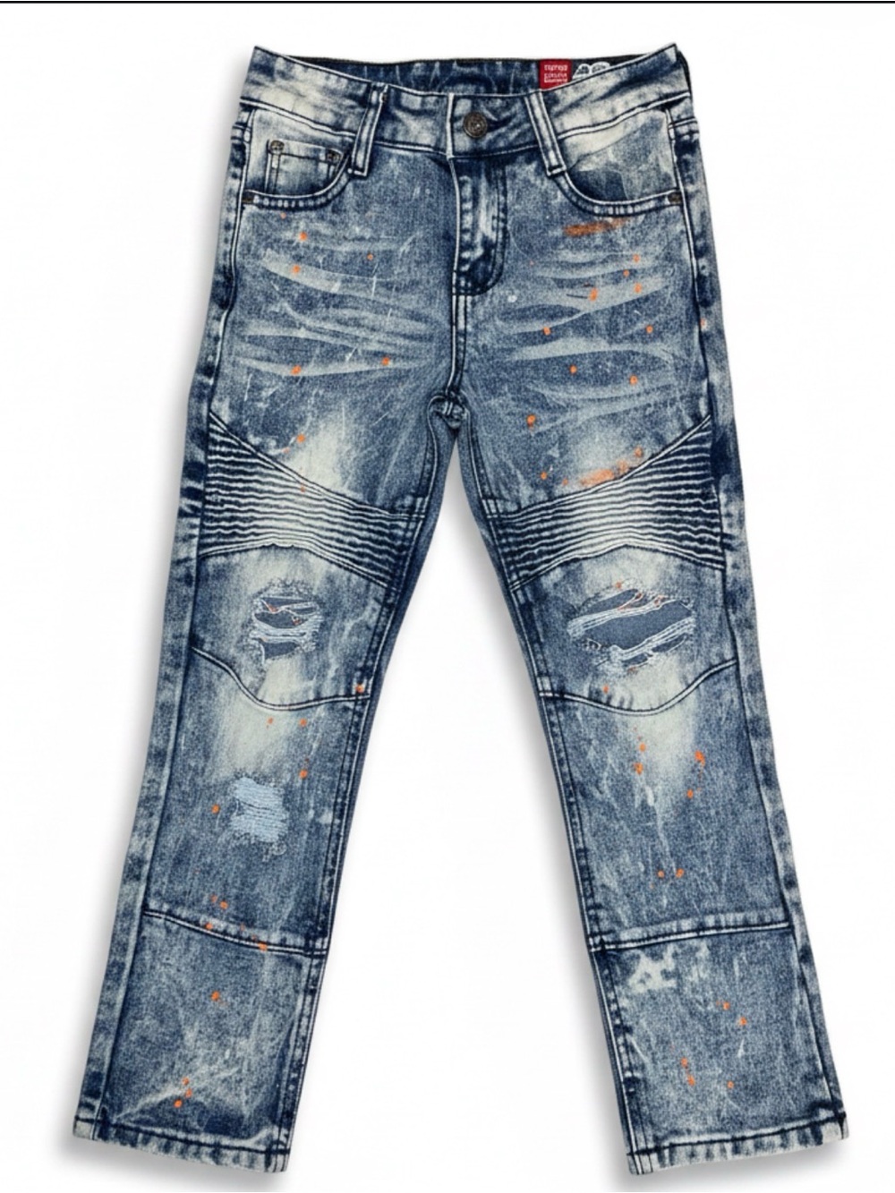 The Reset Washed Blue Jeans with Orange Paint Speckles